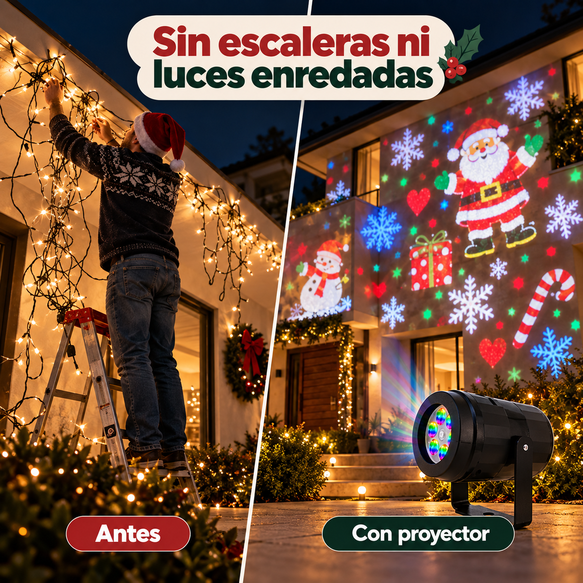 Antes: persona en escalera colgando luces; después: fachada decorada con el proyector