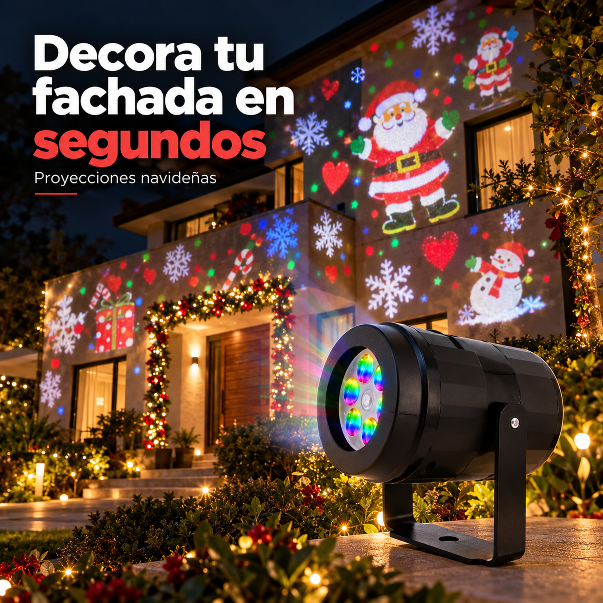 Proyector navideño LED proyectando figuras de Navidad sobre la fachada de una casa