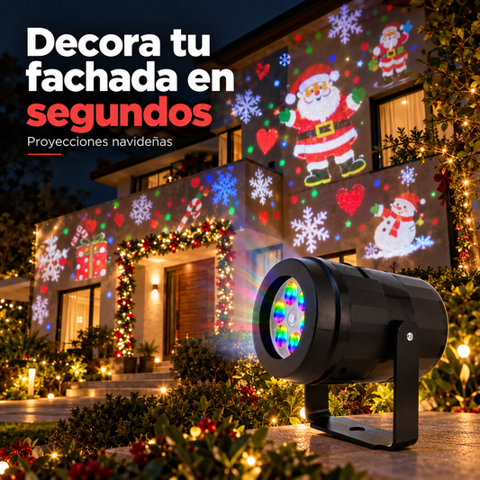 Proyector navideño LED proyectando figuras de Navidad sobre la fachada de una casa