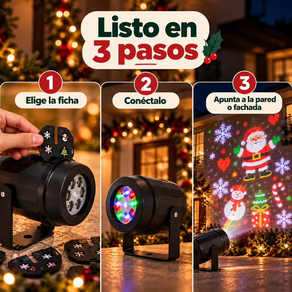 Tres pasos para usar el proyector: elegir ficha, conectar y apuntar